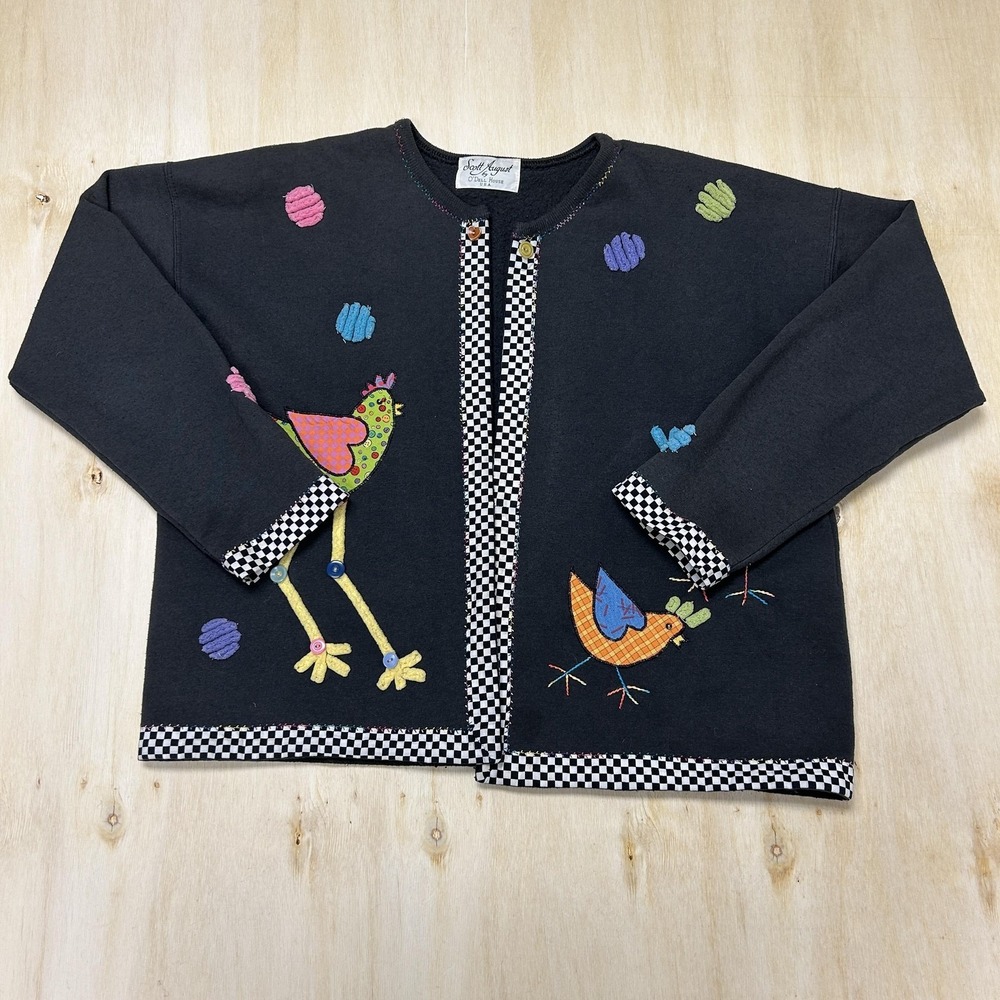 Vintage Scott August Cardigan Sweater Womens XL Black Chicken Applique Button